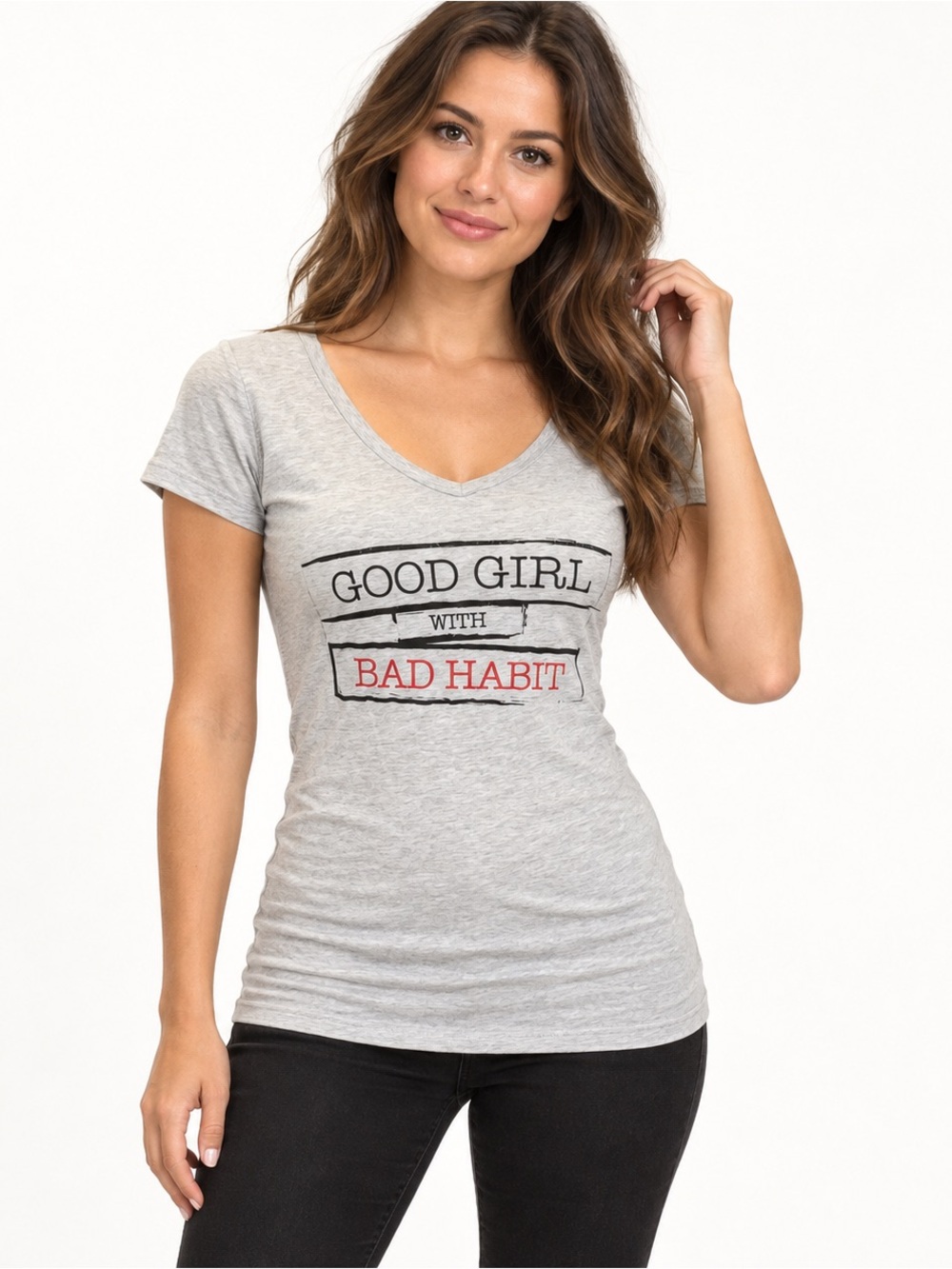 Casual streetwear Form fitting good girl bad habit v-neck graphic tee